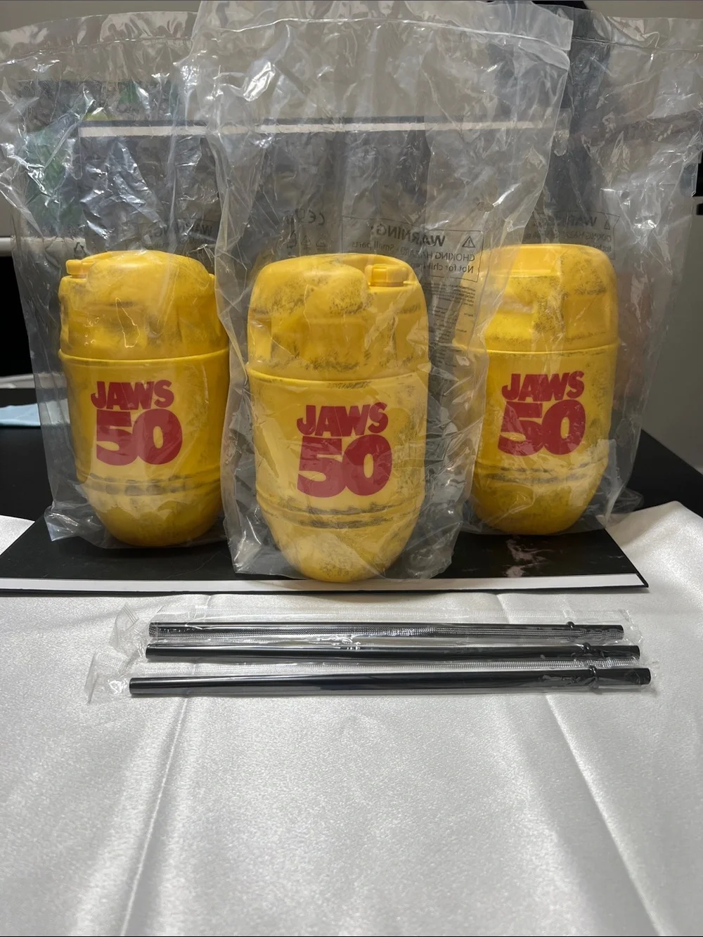 JAWS 50 Commemorative Yellow Plastic Cup with Straw - Party Drinkware